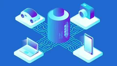 Isometric flat electric car laptop camera Li-ion Battery video Stock Footage 96236775