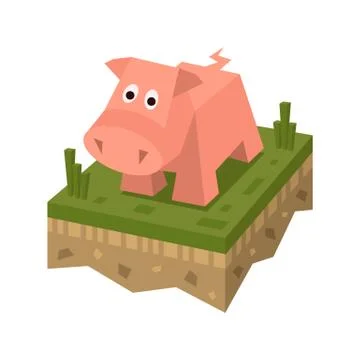 Isometric flat pink pig on the tile of ground Stock Illustration