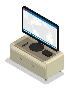 Isometric flat screen TV with satellite box control on wooden stand. Smart TV Stock Illustration