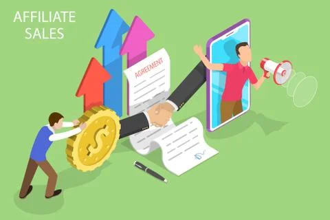 Isometric flat vector concept of affiliate sales, referral marketing strategy. Stock Illustration