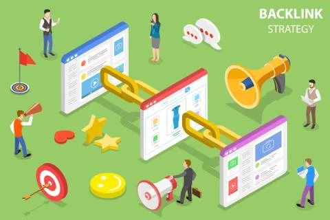 Isometric flat vector concept of backlink strategy, SEO link building. Stock Illustration