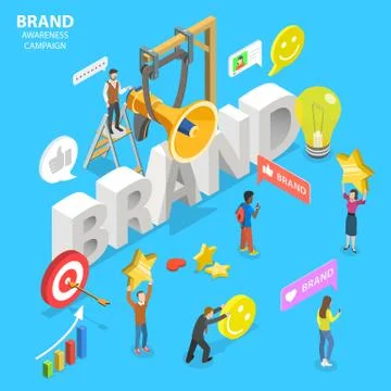 Isometric flat vector concept of brand awareness campaign. Stock Illustration