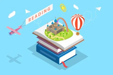 Isometric flat vector concept of child reading, imagination. Stock Illustration
