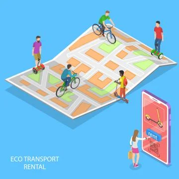 Isometric flat vector concept of city eco transportation, rent online service. Stock Illustration