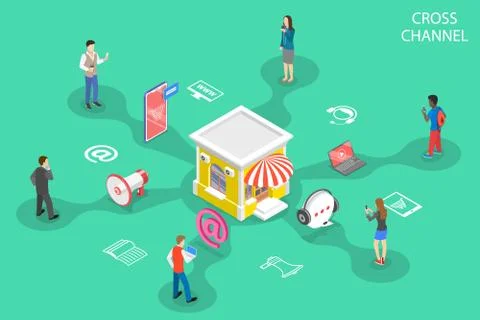 Isometric flat vector concept of cross channel, omnichannel. Stock Illustration