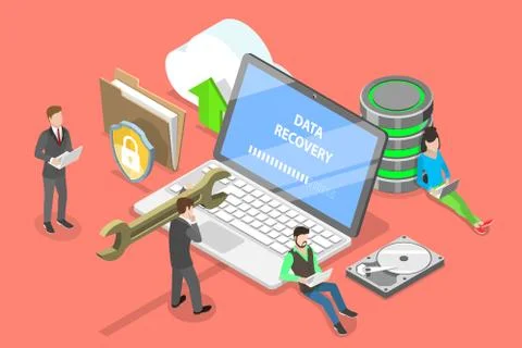 Isometric flat vector concept of data recovery services, data backup. Stock Illustration