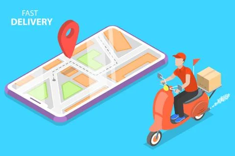 Isometric flat vector concept of delivery by scooter, courier service. Stock-Illustration