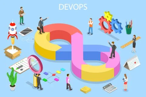 Isometric flat vector concept of DevOps, development and operations. Stock Illustration