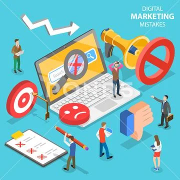 Isometric Flat Vector Concept Of Digital Marketing Mistakes, Wrong Strategy.