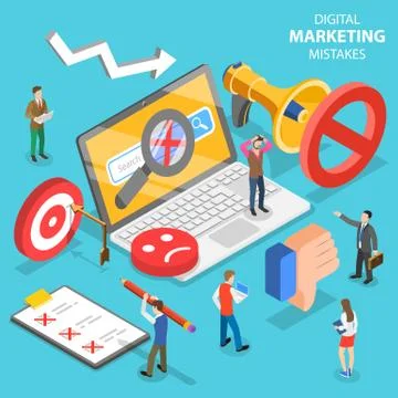 Isometric flat vector concept of digital marketing mistakes, wrong strategy. Stock Illustration