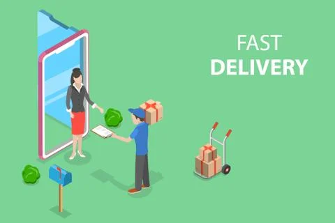Isometric flat vector concept of fast delivery service, courier service. Stock Illustration