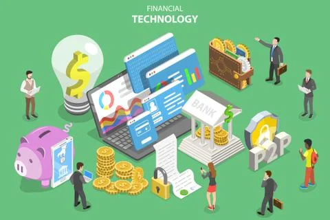 Isometric flat vector concept of fintech, financial technology, online banking. Stock Illustration
