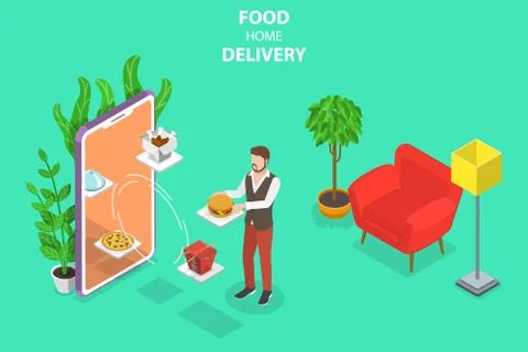 Isometric flat vector concept of food home delivery, online ordering. Stock Illustration