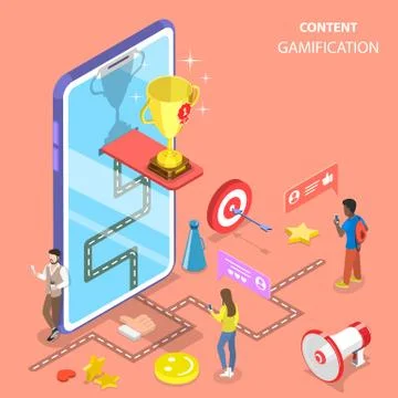 Isometric flat vector concept of gamification, interactive content. Stock Illustration