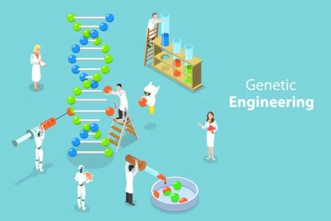 Isometric flat vector concept of genetic engineering, DNA structure changing. Stock Illustration