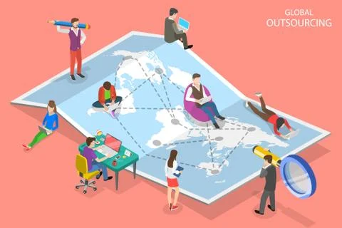 Isometric flat vector concept of global outsourcing, company remote management. Stock-Illustration