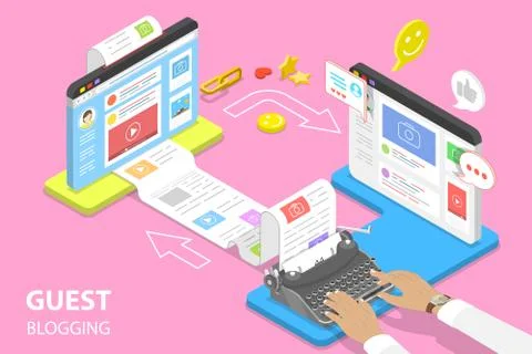 Isometric flat vector concept of guest blogging, commercial blog posting. Stock Illustration