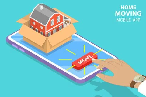 Isometric flat vector concept of home moving mobile order, relocation service. Stock Illustration
