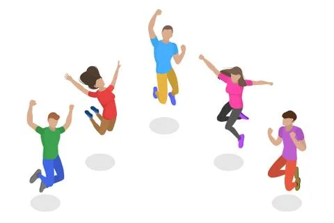 Isometric flat vector concept of jumping happy people, team success. Stock Illustration