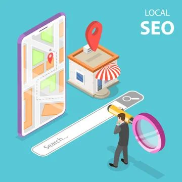 Isometric flat vector concept of local seo, serching store. Stock Illustration