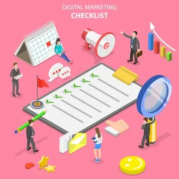 Isometric flat vector concept of marketing checklist, digital marketing. Stock Illustration