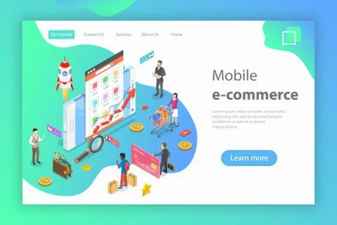 Isometric flat vector concept of mobile advertising, social media campaign. Stock Illustration