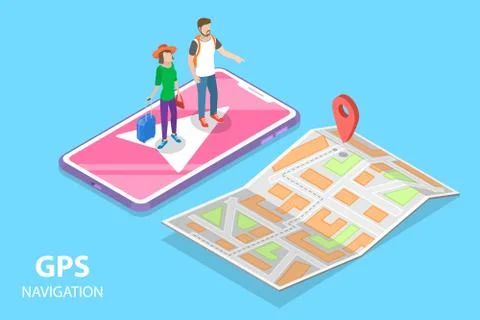 Isometric flat vector concept of mobile pgs navigation, city map. Stock Illustration