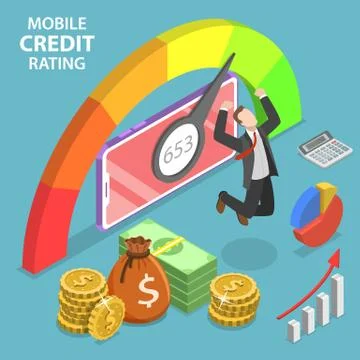 Isometric flat vector concept of mobile credit rating app, personal credit score Stock Illustration