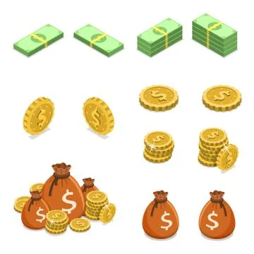 Isometric flat vector concept of money such as coins, banknotes and money bags. Stock Illustration