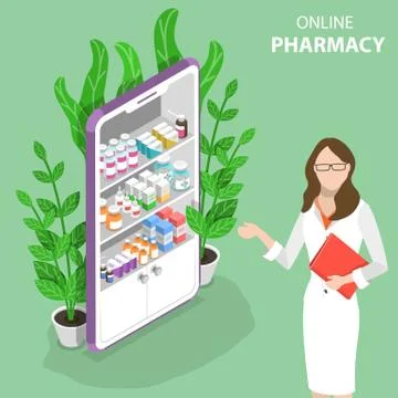 Isometric flat vector concept of online pharmacy. Stock Illustration
