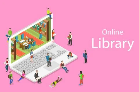 Isometric flat vector concept of online library, education, reading. Stock Illustration