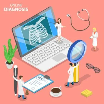 Isometric flat vector concept of online diagnosis, remote patient consultation. Stock Illustration