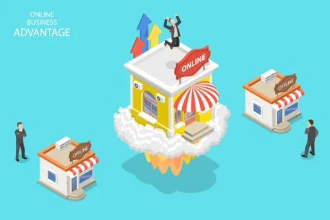 Isometric flat vector concept of online business advantages, obstacles overcome. Stock Illustration