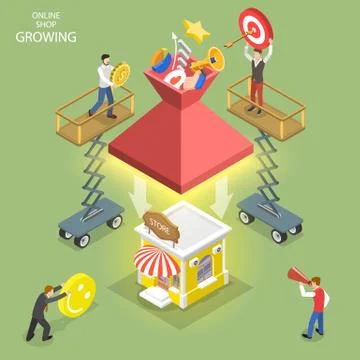 Isometric flat vector concept of online shop growing, business start up. Stock Illustration