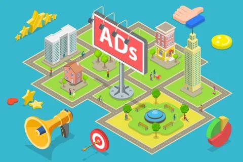 Isometric flat vector concept of outdoor advertising, advertisement billboards. Stock Illustration