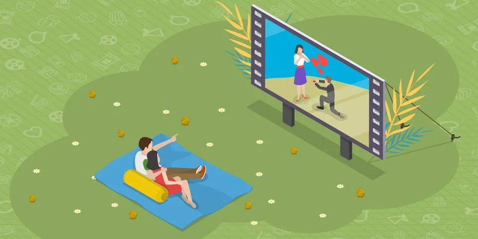 Isometric flat vector concept of outdoor cinema theatre, open air movie watching Stock Illustration