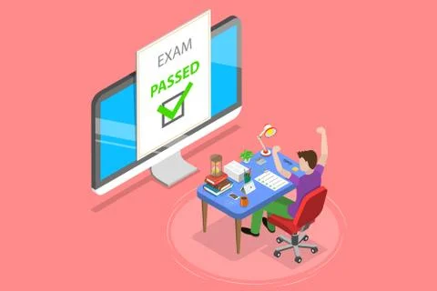 Isometric flat vector concept of passed online exam, questionnaire form. Stock Illustration