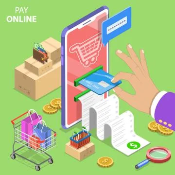 Isometric flat vector concept of pay online, internet payment and shopping. Stock Illustration