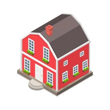 Isometric flat vector concept of a red house isolated on white. Stock Illustration