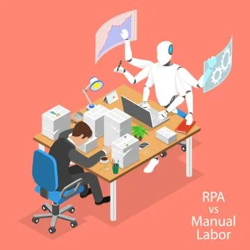 Isometric flat vector concept of RPA vs manual labor. Stock Illustration
