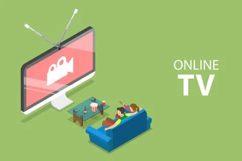 Isometric flat vector concept of smart TV, home entertainment, movie online. Stock Illustration