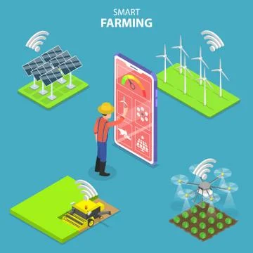 Isometric flat vector concept of smart farming, agricultural automation. Stock Illustration