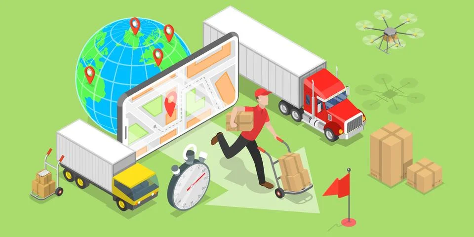 Isometric flat vector concept of smart logistics and transportation. Stock Illustration