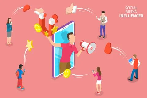 Isometric flat vector concept of social media influencer, digital marketing. Stock Illustration