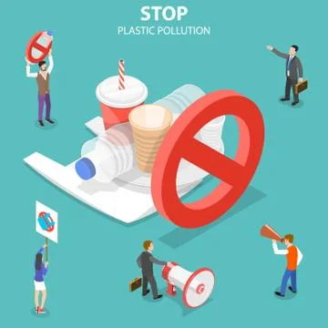Isometric flat vector concept of stop plastic pollution. Stock Illustration