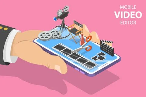 Isometric flat vector concept of video editing app, multimedia production. Stock Illustration