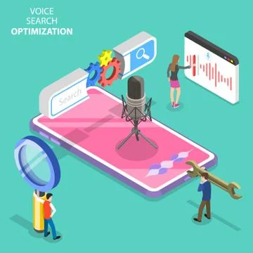 Isometric flat vector concept of voice search optimization, voice commands, SEO. Stock-Illustration