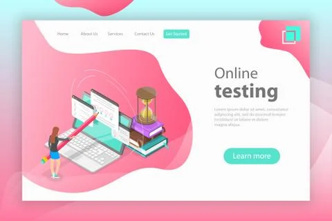 Isometric flat vector landing page header for online testing. Stock Illustration