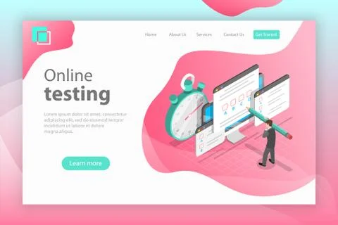 Isometric flat vector landing page header for online testing. Stock Illustration