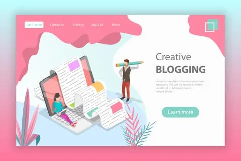 Isometric flat vector landing page for creative blogging. Illustrazione stock